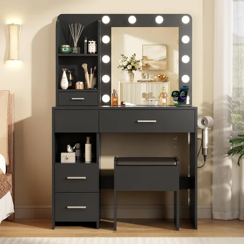 Escritorio de Tocador con Espejo y Luces, Escritorio de Tocador de Maquillaje con 3 Iluminaciones Ajustables, 3 Estantes de Almacenamiento, 5 Blanco