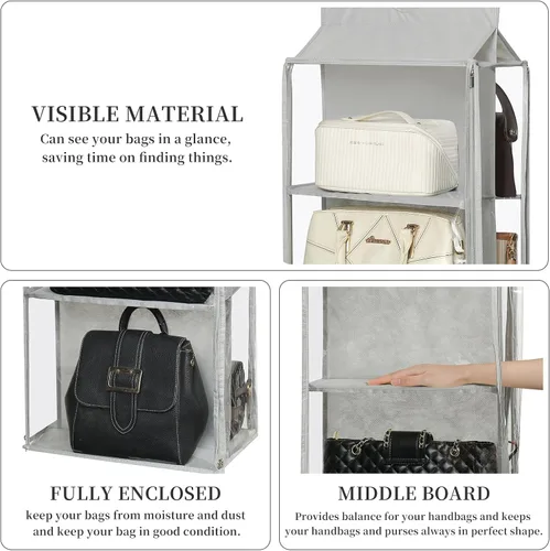 Miniatura 20 de Organizador de bolso colgante de 8 rejillas en 1 paquete con cremalleras dobles, organizador de bolso visible para armario, soporte