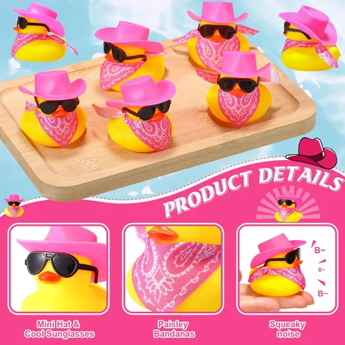 Miniatura 2 de Sosation Juego de 24 mini patos amarillos a granel, patos amarillos, juguete de bañera con sombrero de vaquero, pañuelos de cachemira, gafas de sol