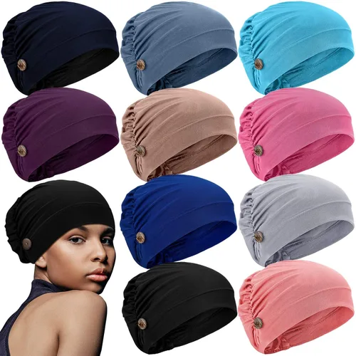 10 Piezas Gorros Bouffant Suaves con Botones, Gorros Bouffant en Forma de Calabaza Elásticos, Diadema Elástica, Turbante, Varios colores, Talla única