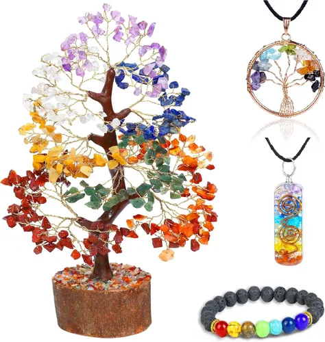 Miniatura 8 de Árbol de la vida de los siete chakras con cristales con pulsera y 2 colgantes – Decoración de bonsái Feng Shui con cristales curativos, regalos