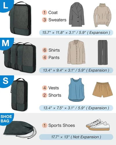 Miniatura 5 de BAGSMART - Cubos de embalaje de compresión para maleta, juego de 6 cubos de embalaje de viaje para equipaje, cubos de viaje de compresión
