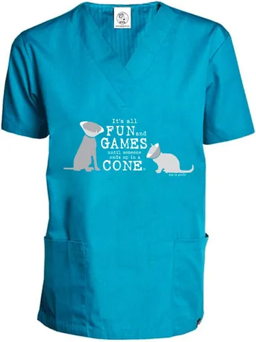 Dog is Good Camiseta médica "It's All Fun & Games", ajuste relajado, bolsillos, regalo para amantes de perros y gatos, veterinarios, técnicos