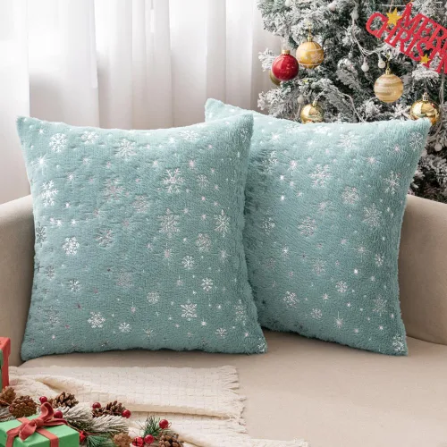 Miniatura 12 de MIULEE - Juego de 2 fundas de cojín decorativas de Navidad, hechas de piel sintética suave con copos de nieve plateados y brillantina, para Verde