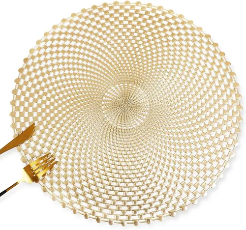 Miniatura 10 de FAVE Juego de 6 manteles individuales redondos de vinilo dorados, manteles individuales lavables calados con borlas para decoración de mesa, uso