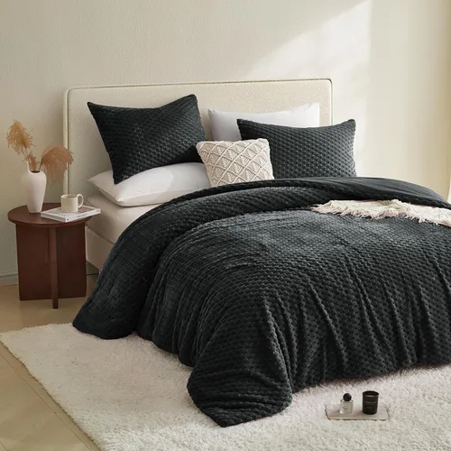 Miniatura 7 de Petrichor Juego de edredón esponjoso tamaño individual, edredón grueso de franela negra ultrasuave para cama Queen, juego de ropa de cama cálido