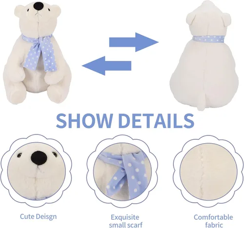 Miniatura 5 de Oso polar de peluche, 9.8 pulgadas, realista, súper suave, lindo oso polar con bufanda, lindo juguete de peluche Kawaii para niños, niños, familia