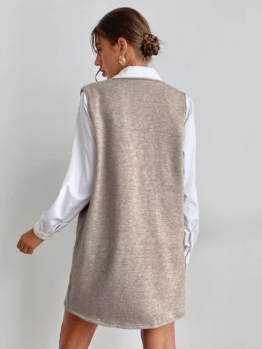 Miniatura 2 de OYOANGLE Vestido corto de punto sin mangas con cuello en V para mujer con bolsillos