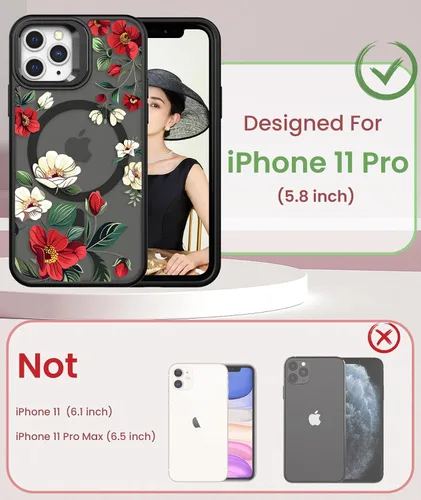 Miniatura 2 de Dretal Magnético para iPhone 11 Pro, Funda Floral, Protector de Pantalla, Anillo de Lente Integrado, Soporte, Protección de Grado Militar, Funda