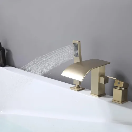 Miniatura 4 de Grifo de bañera romana tipo cascada con ducha de mano, grifo llenador de bañera de montaje en cubierta con rociador, juego de grifería de ducha