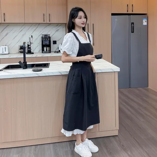 Miniatura 5 de Pinafore - Delantal, de lino y algodón japonés, con espalda cruzada para mujer, con bolsillos, vestido con lazos en la cintura (negro)