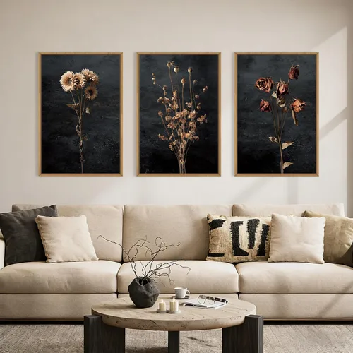 Miniatura 45 de Aryroi Juego de arte de pared en lienzo abstracto grande con marco floral, estilo bohemio, retro, neutro, flores silvestres, arte botánico de flores