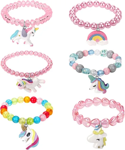 Juego de 6 pulseras de unicornio arco iris, pulseras de animales para niñas, adolescentes y niños, pulsera de cuentas con colgante de unicornio para
