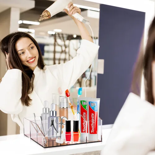 Miniatura 5 de Organizador de brochas de maquillaje de acrílico transparente con base metálica de oro rosa, 4 compartimentos organizadores de oficina