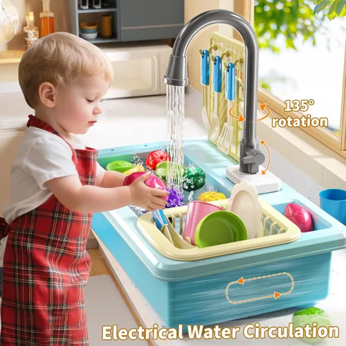 Miniatura 2 de JUKUDAHU - Lavaplatos de juguete con agua corriente, juguetes de cocina con fregadero para niños de 3, 4, 5, 6 y 7 años de edad, lavavajillas Azul