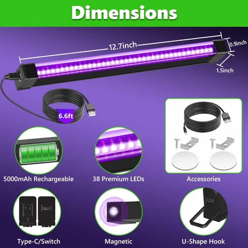 Miniatura 7 de Luces negras recargables, luz negra LED portátil para fiesta brillante, barra de luz negra regulable de 10 W para Halloween, póster, decoración