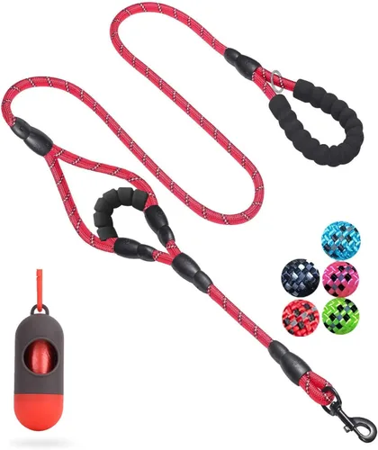 Miniatura 11 de JSXD Correa resistente de doble asa para perro, 5 pies, acolchada y reflectante, cuerda para perros pequeños a grandes (negro)