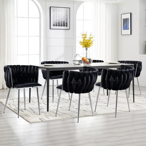 Miniatura 18 de Juego de 2 sillas de comedor de terciopelo, sillas de comedor tapizadas tejidas, sillones de ocio de lujo, sillas decorativas modernas con patas