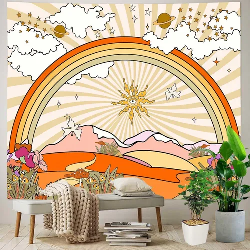 Miniatura 3 de TPMDFC Tapiz retro de los años 70 y 60, tapiz vintage de flores, nubes, sol y arco iris, tapiz para colgar en la pared, tapiz estético bohemio
