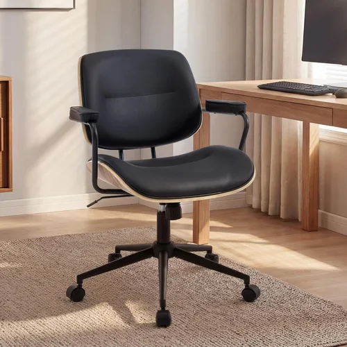 Miniatura 11 de BV Mid Century Modern - Juego de 1 silla de oficina giratoria con reposabrazos y respaldo de nogal, silla de escritorio ajustable para oficina