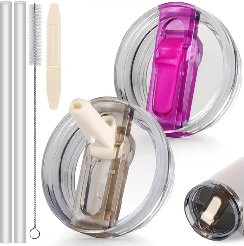 Miniatura 45 de 14 oz Tapa con popote abatible de repuesto para accesorios de vaso Stanley, 2 tapas antiderrames a prueba de derrames para vasos Stanley de 14 oz