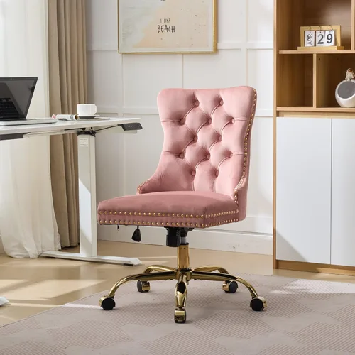 Miniatura 4 de Silla de oficina en casa de terciopelo con base de metal dorado y ribete de cabeza de clavo, moderna silla de trabajo tapizada giratoria tapizada