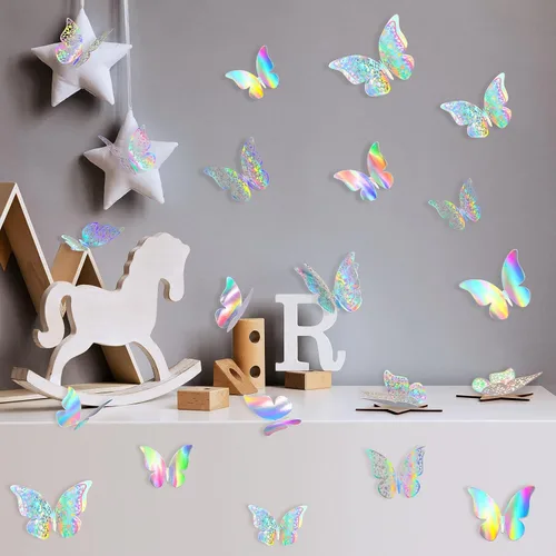 Miniatura 4 de Outus 120 piezas de decoración de pared de mariposas en capas 3D con lentejuelas plateadas, calcomanías de mariposa extraíbles, calcomanías de mural