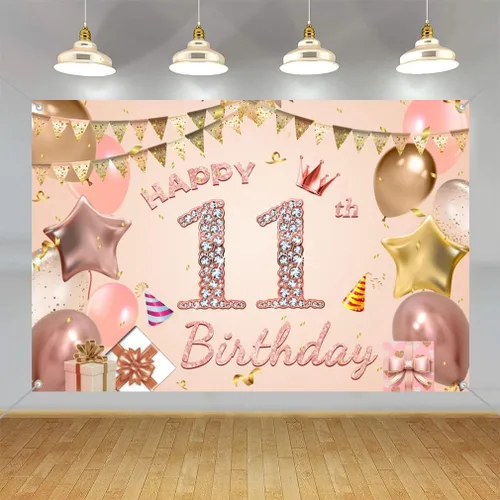 Cartel de tela para decoración de cumpleaños número 11 para niñas de 11 años, cartel de tela para fiesta de cumpleaños de niña, fondo de foto rosa