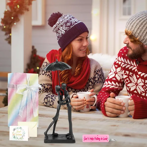 Miniatura 7 de Kresecioo Aniversario para pareja/ella, estatua de pareja cariñosa besándose debajo del paraguas, escultura de hierro fundido hecha a mano