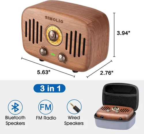 Miniatura 4 de SIMOLIO Altavoces Bluetooth retro de radio vintage, fuerte y potente sonido estéreo de 2 x 8 W, altavoz de madera de nogal negro natural con radio