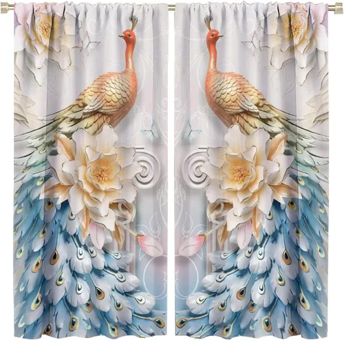 Miniatura 11 de Cortina opaca con estampado de pavo real, con estampado de animales retro, con bolsillo para cortinero y flores de peonía doradas, para dormitorio