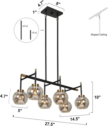 Miniatura 7 de KSANA Lámpara de comedor, candelabro moderno de metal negro dorado para isla de cocina con pantallas de vidrio mercurio, 27.5