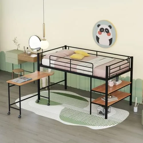 Miniatura 3 de anwickjeff Moderna cama baja tipo loft tamaño individual con escritorio y 2 estantes de almacenamiento para niños y adultos, marco de cama de metal