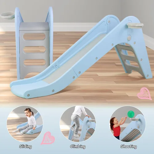 Miniatura 6 de MAMIZO Juego de tobogán 3 en 1 para niños pequeños, juego de escalador de tobogán extra largo con aro de baloncesto y pelota, escalones Azul cielo