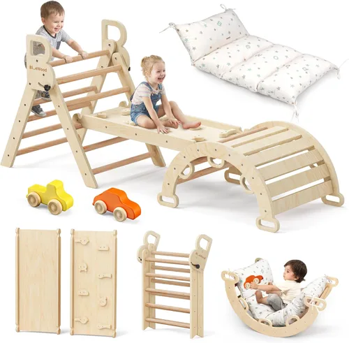 Miniatura 16 de BlueWood Set de Triángulo Pikler con Cojín, Juguetes de Escalada 8-en-1 para Niños Pequeños, Gimnasio de Juegos con Filosofía Montessori con Arco