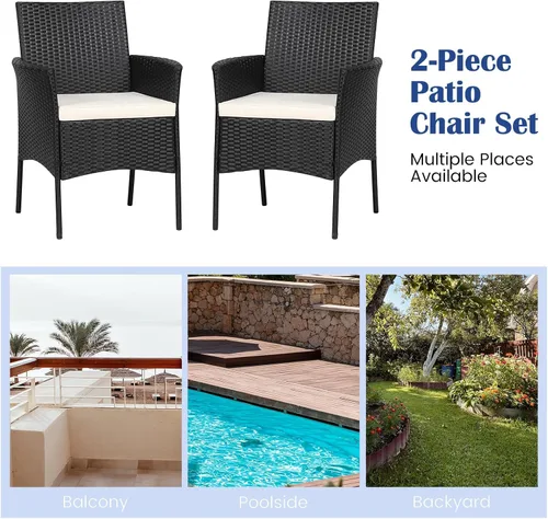 Miniatura 8 de RELAX4LIFE Juego de 2 sillas de mimbre para patio, sillas de ratán de polietileno para interiores y exteriores con respaldo de bastón, cojines