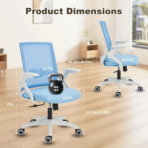 Miniatura 2 de Silla ergonómica de oficina con altura ajustable de malla, silla giratoria con brazos abatibles y soporte lumbar, color azul Brazos abatibles - Azul