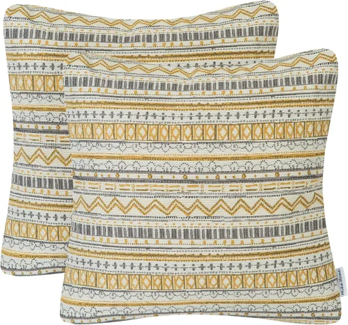 Mika Home Paquete de 2 fundas de cojín cuadradas decorativas para sofá, patrón geométrico de rayas bohemias, 18 x 18 pulgadas, color dorado, gris y