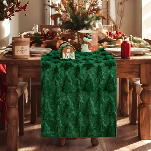 Miniatura 2 de IVAPUPU Camino de mesa de Navidad para vacaciones de invierno, árbol de Navidad verde de felpa suave con pelusa, decoración del hogar de Navidad