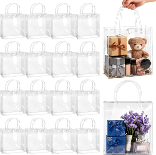 BadenBach 16 bolsas de regalo transparentes con asas, 9.8 x 9.8 x 3.5 pulgadas, bolsa de plástico transparente para fiesta, bolsa de regalo