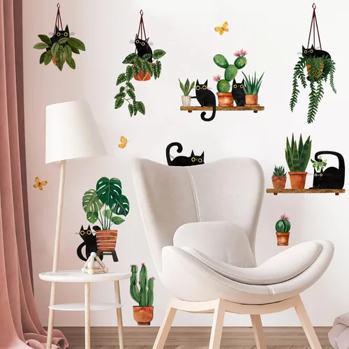 Miniatura 5 de Yovkky Calcomanías de pared de plantas en maceta de gatos negros, caricaturas, gatito, bonsái, guardería, sala de juegos, decoración de cactus