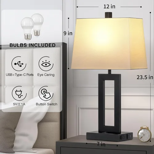 Miniatura 7 de Cinkeda Juego de 2 lámparas de mesa con puertos USB C+A y salida de CA, lámparas de noche, lámparas modernas para dormitorio, lámparas negras