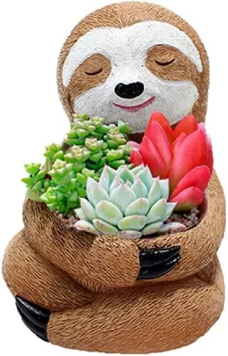 Maceta para suculentas, maceta de animales, maceta de cactus, bonito diseño de perezoso con orificio de drenaje, maceta pequeña de resina para