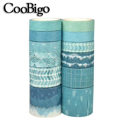 Miniatura 2 de CooBigo Juego de cintas Washi, 12 rollos de 4 tamaños de cintas adhesivas decorativas para manualidades, álbumes de recortes, bricolaje, Pista azul