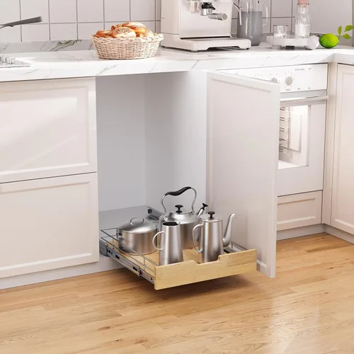 Miniatura 4 de Sikarou Organizador de gabinete extraíble, estante deslizante resistente, cesta de madera y alambre, cajón extraíble para cocina debajo