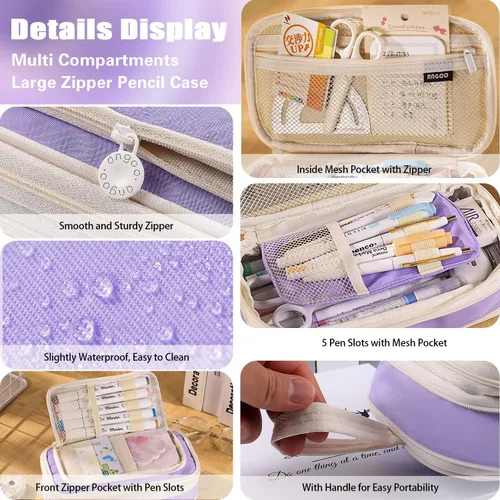 Miniatura 5 de Estuches para lápices de gran capacidad, 4 compartimentos, estuche estético grande para niñas y mujeres, estuche portátil con asa, organizador