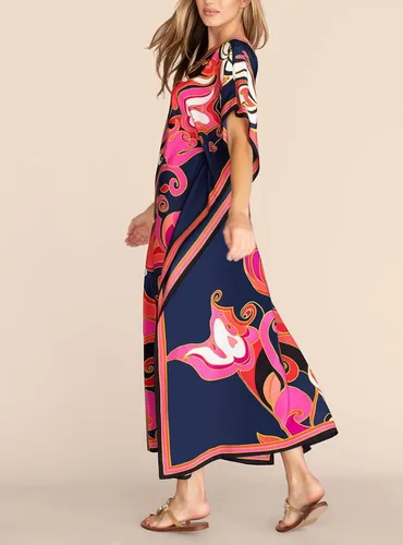 Miniatura 3 de Cashew Flower Silk Caftan Women Vneck beach Cover up Caftans Loose Plus Size Floral Print Side Split Kaftan Dresses