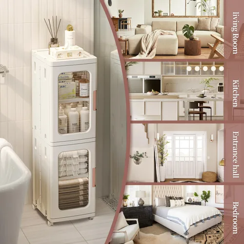 Miniatura 6 de CXCJAI Armario estrecho con puertas y estantes, organizador de cocina alto y delgado con estante ajustable, armario de papel higiénico de lino de 2