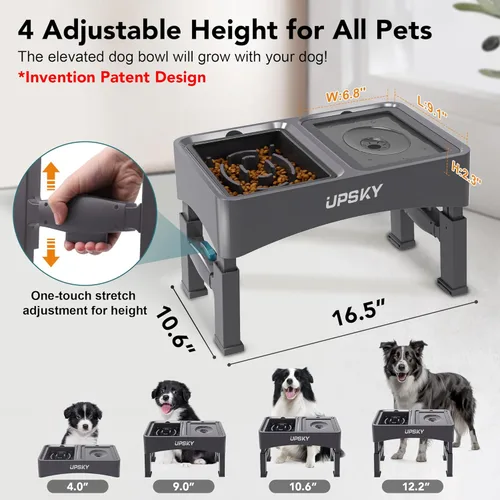 Miniatura 2 de UPSKY Cuencos para Perros Elevados 2-en-1 con Alimentador Lento, Soporte de Cuenco Elevado Ajustable en 4 Alturas, Cuencos para Perros sin Derrame