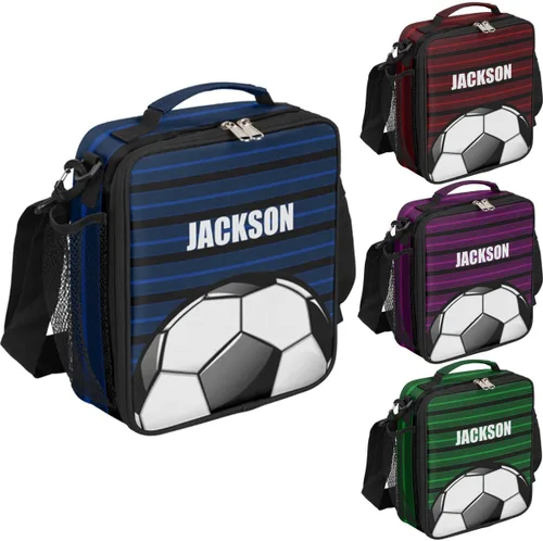 Bolsa de almuerzo personalizada para niñas, niños, adolescentes, hombres y mujeres, regalo personalizado, bolsa de almuerzo, pelota de fútbol, azul